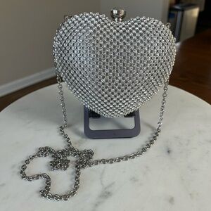Heart-Shaped Silver Rhinestone Clutch